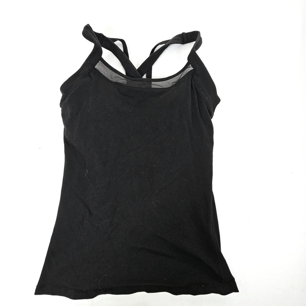 Lululemon Black Strappy Cross Back Tank Top with Built-in Shelf Bra Mesh Trim